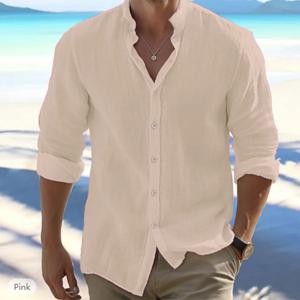 코튼 린넨 핫 세일 남성용 긴팔 셔츠 여름 솔리드 컬러 스탠드 업 칼라 캐주얼 비치 스타일 플러스 사이즈