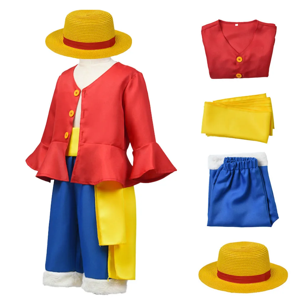 소년을위한 밀짚 모자와 어린이 애니메이션 Luffy 코스프레 의상 할로윈 카니발 유니폼 코트 바지 벨트 풀 세트 드레스