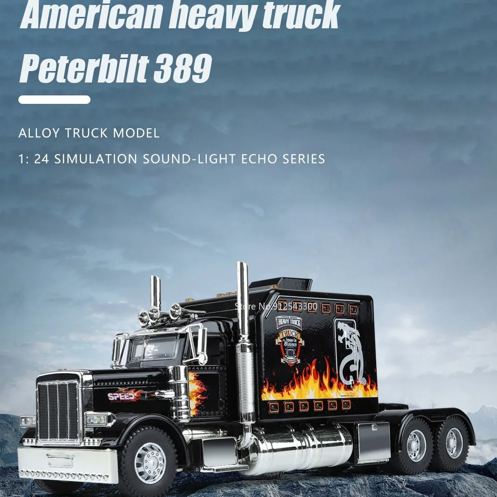 1/24 스케일 Peterbilt 389 대형 트럭 트랙터 장난감 모델 합금 다이 캐스트 사운드 라이트 풀백 모델 트럭 소년 장난감 선물 컬렉션