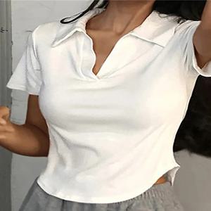 여름 짧은 소매 옷깃 탑 여성 솔리드 v 넥 풀오버 레트로 스위트 셔츠 Hot Girl Crop Top 여성 슬림 다목적 티