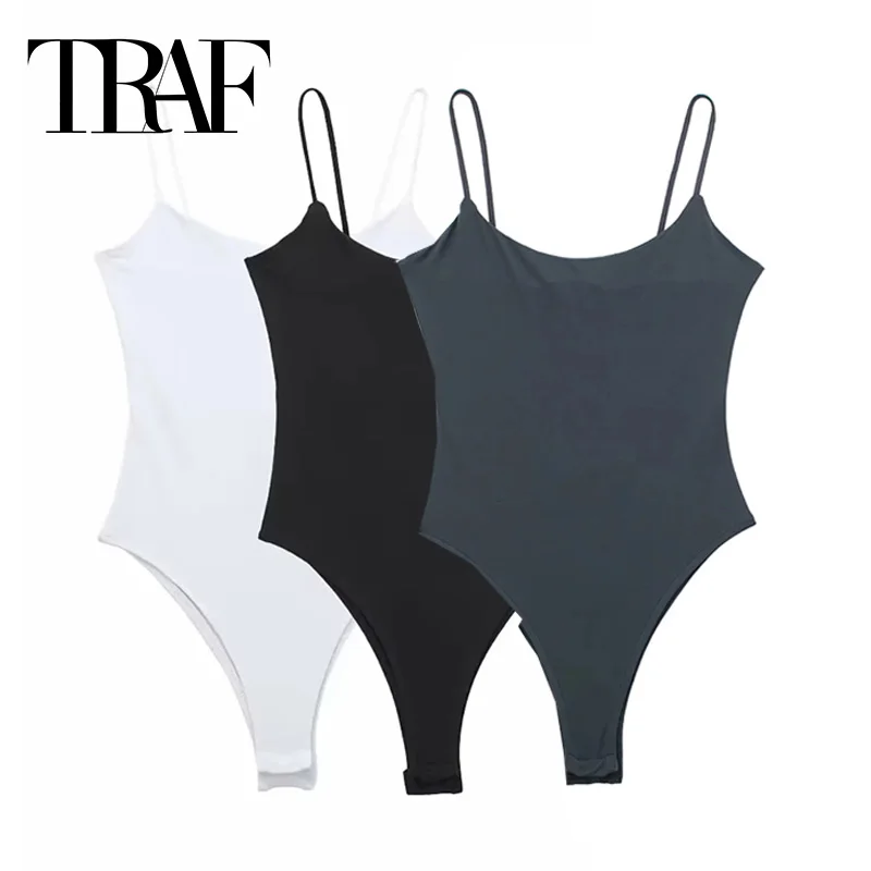 TRAF 화이트 블랙 바디 여성 2024 민소매 꽉 바디 슈트 란제리 섹시한 여성 바디 Bodycon Backless Bodysuit 여성 여름상의