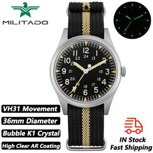 Militado ML07 빈티지 쿼츠 시계 VH31 무브먼트 손목 시계 버블 크리스탈, 높은 투명 AR 코팅 빛나는 36mm 시계