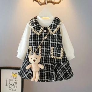 아기 소녀 겨울 공주 패치 워크 드레스 2022 새로운 패션 파티 의상 어린이 Bowtie 캐주얼 복장 아기 사랑스러운 정장 2-7Y