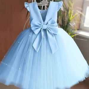 유아 소녀 꽃 생일 Tulle 드레스 Backless 활 웨딩 드레스 키즈 파티 착용 공주 블루 드레스 아기 소녀 Bowknot 드레스