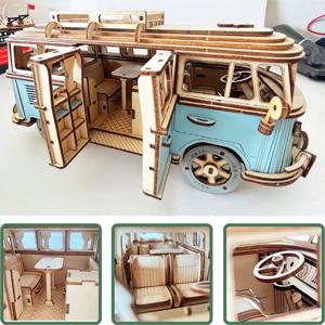 레트로 버스 유럽 스타일 Campervan 3D 나무 자동차 퍼즐 DIY 항해 선박 비행기 빌딩 하우스 모델 퍼즐 장난감 어린이를위한
