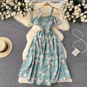 YuooMuoo 로맨틱 꽃 프린트 긴 여름 드레스 여성 패션 오프 어깨 스트랩 휴가 해변 드레스 한국 파티 Vestidos