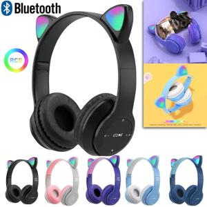 P47M 무선 헤드폰 플래시 라이트 귀여운 고양이 귀 Fone 마이크 제어 LED 스테레오 음악 헬멧 전화 블루투스 헤드셋 선물