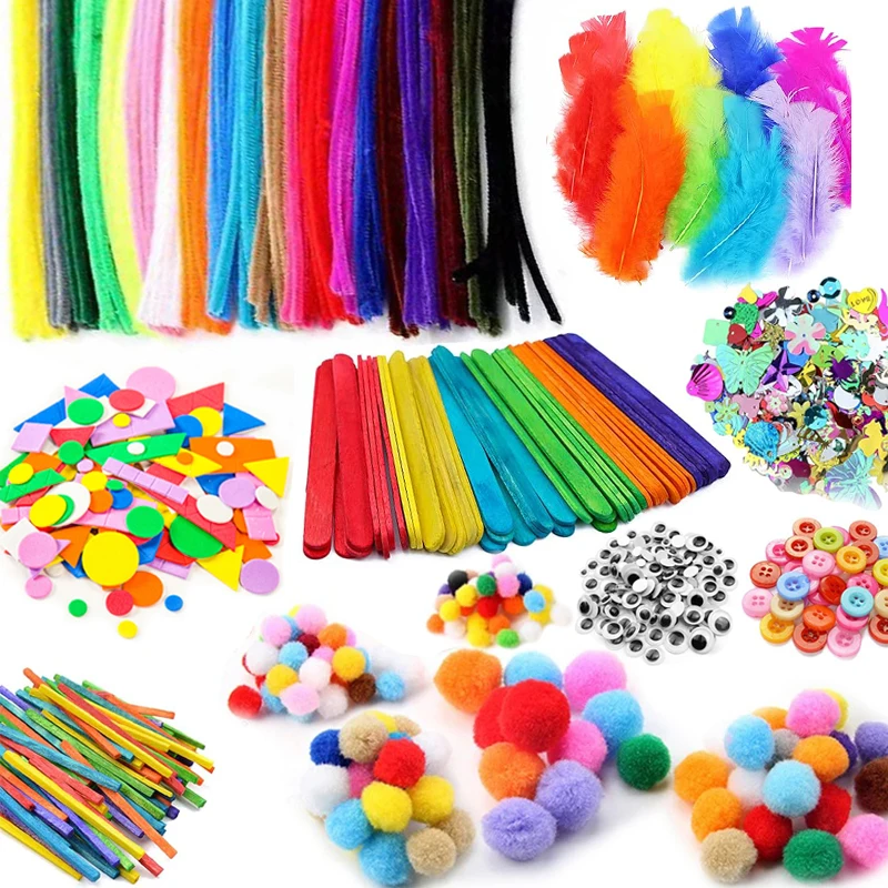 1000pcs 어린이 공예 미술 용품 ​​키트 파이프 클리너 Pompoms 거품 스티커 깃털 펠트 헝겊 단추 DIY 크리 에이 티브 공예 장난감 선물