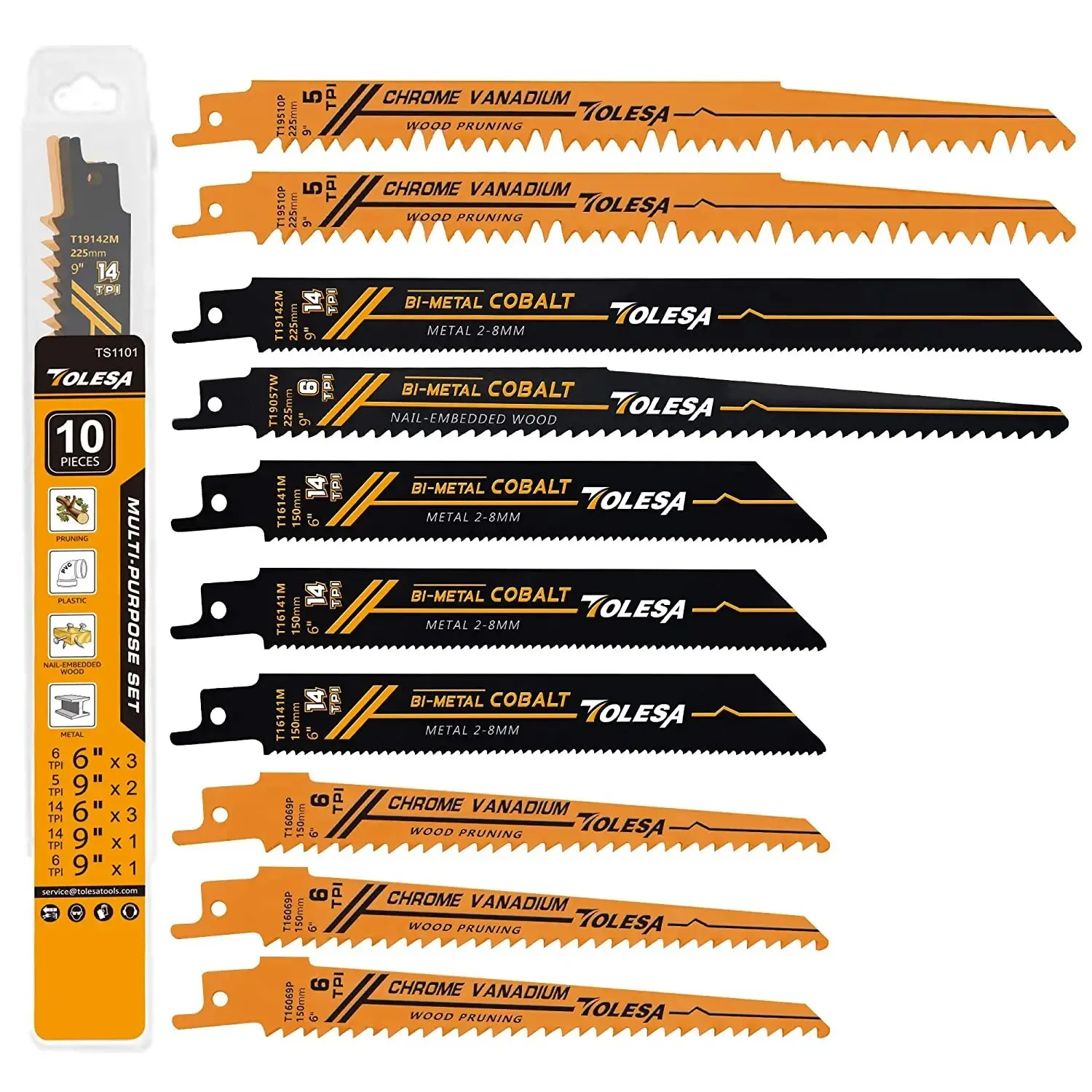 TOLESA 10PCS 목재 가지 치기 용 왕복 바이메탈 톱 블레이드 PVC 절단 중금속 절단 금속 튜브 시트 창문 용