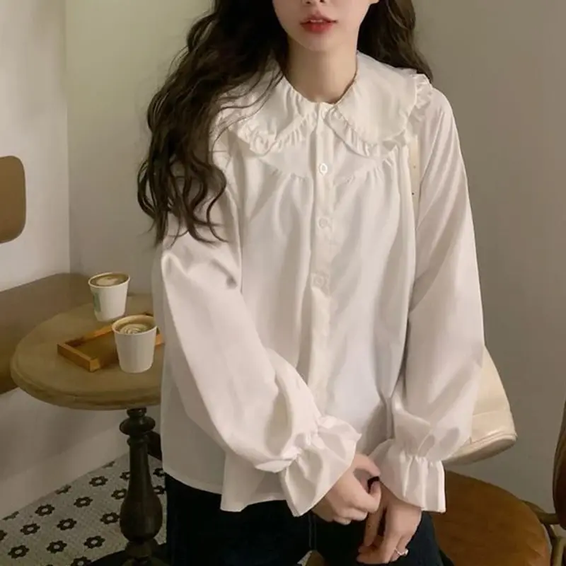 Gidyq 빈티지 여성 흰색 셔츠 Preppy 스타일 패션 우아한 여성 긴 소매 블라우스 Y2K Sweet Kawaii 모든 경기 셔츠