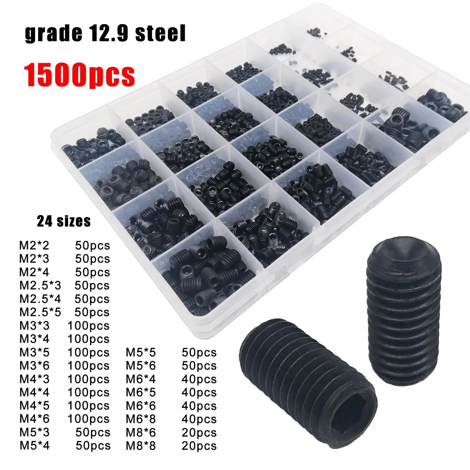 500/1500pcs M2-M8 DIN916 블랙 스틸 304 스테인레스 스틸 육각 육각형 소켓 알렌 컵 포인트 세트 스크류 그럽 볼트 구색 키트