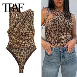 TRAF 2024 레오파드 프린트 메쉬 바디 수트 여성 오프 숄더 Tulle 섹시한 여성 바디 민소매 타이트 바디 수트 란제리 여름상의