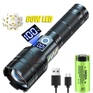 높은 전력 강한 빛 장거리 LEP 손전등 USB 충전 26650 리튬 배터리 야외 텔레스코픽 줌 슈퍼 밝은 토치
