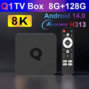 Android14 스마트 TV 박스 Q1 Allwinner H313은 2.4G 및 5G 듀얼 Wifi 8K 64G 128G Rom Google 미디어 플레이어 TV 박스 음성 셋톱 박스를 지원합니다.