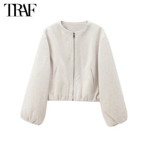 TRAF 2024 여성용 양털 폭격기 재킷 소프트 지퍼 여성용 스포츠 재킷 긴 소매 자른 재킷 여성 코트 겉옷