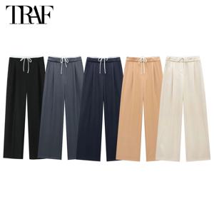 TRAF 2024 여성용 와이드 레그 팬츠 하이 웨이스트 헐렁한 바지 여성 여름 플리츠 루즈 팬츠 여성 streetwear 묶인 여성 바지
