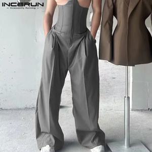 INCERUN 2024 아메리칸 스타일 바지 세련된 남성 해체 디자인 솔리드 얇은 허리 롱 팬츠 캐주얼 단순 남성 Pantalons