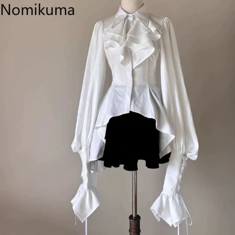 여성용 로리타 스타일 일본 블라우스 2025 Blusas Mujer De Moad 슬림 피트 플레어 슬리브 화이트 셔츠 고스 불규칙 블라우스 탑스