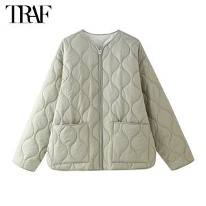 TRAF 2024 패딩 퀼트 자켓 여성 겉옷 지퍼 따뜻한 겨울 여성 코트 파카 여성용 긴 소매 데미 시즌 자켓