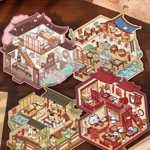 만화 차이나타운 DIY 스티커 매우 재생 가능한 스티커 포켓 캐빈 장면 스태킹 붙여 넣기 축제 어린이를위한 생일 선물