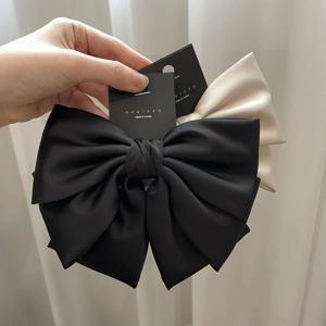 여성 새틴 활 머리핀 포니 테일 클립 2 층 Bowknot 리본 봄 클립 기질 액세서리 한국어 패션 우아한