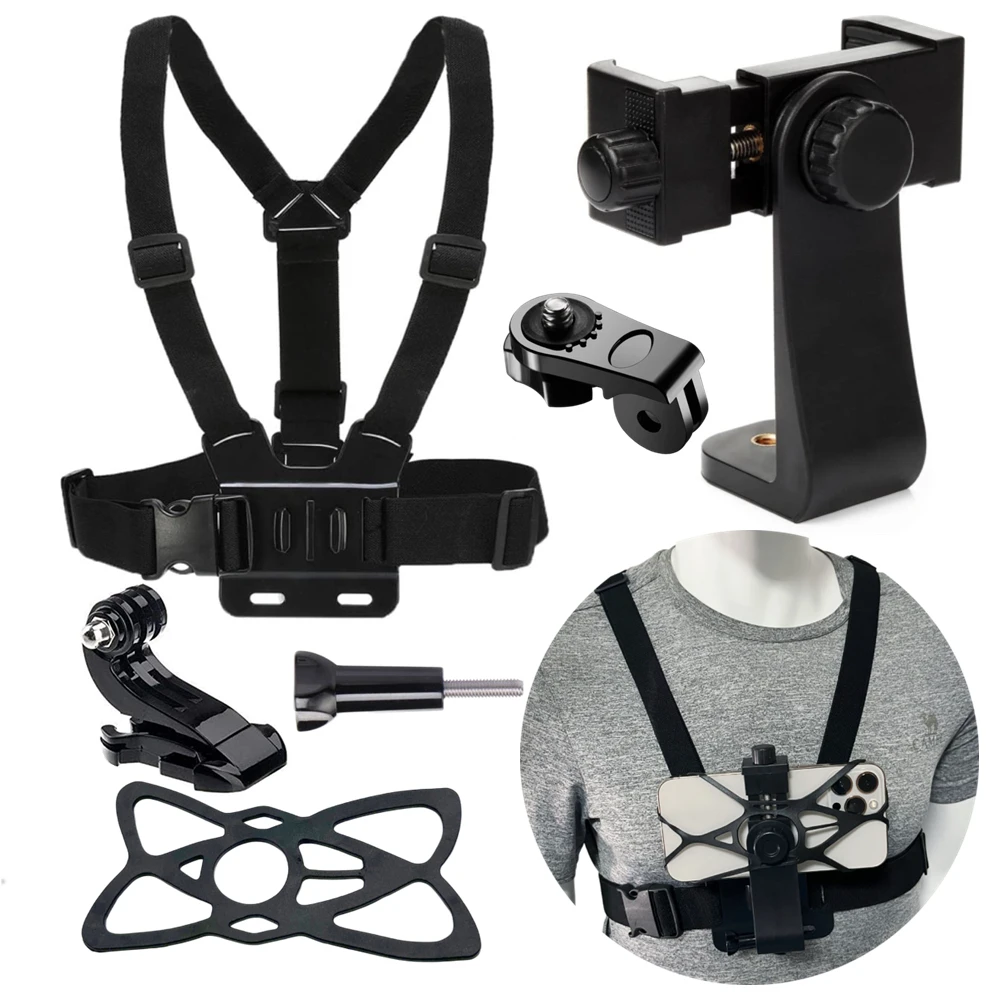 Gopro Hero 12 11 10 9 8 7 iPhone 13 14 Pro Max insta360 x4 액션 카메라 용 360 회전 전화 마운트 벨트가있는 가슴 스트랩