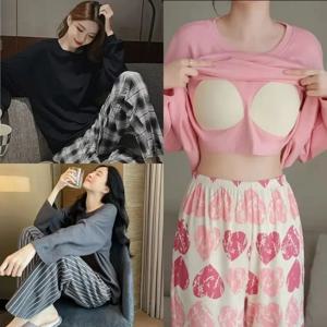 2 개/대 가슴 패드가있는 여성 빅 사이즈 잠옷 봄 가을, 겨울 긴팔 헤드셋 느슨한 Homewear 외부 착용 가능