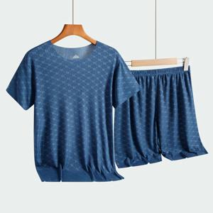여름 남성 잠옷 Homewear 세트 인쇄 된 얼음 실크 티셔츠 반팔 모달 캐주얼 잠옷 남성 잠옷 바지 얇은 양복