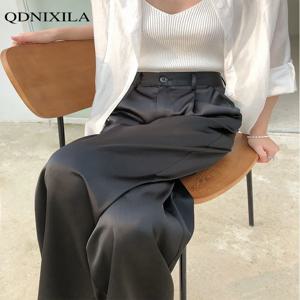 통관 판매 봄 여름 새틴 여성 바지 넓은 다리 높은 허리 캐주얼 블랙 한국 패션 정장 바지 여성 바지