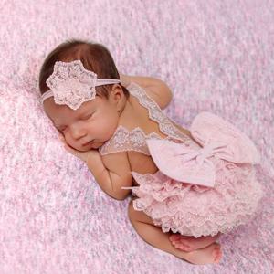Ylsteed 신생아 사진 복장 머리띠가있는 큰 Bowknot 아기 레이스 Romper 블루 서스펜더 바지 사진 촬영 작업복