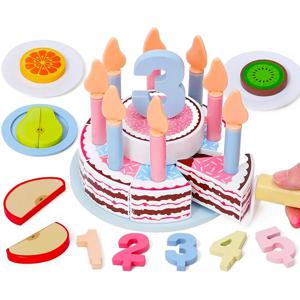 나무 케이크 장난감 주방 Playset 놀이 음식 척 키트 어린이를위한 절단 음식 세트 몬테소리 학습 교육 파티 장난감