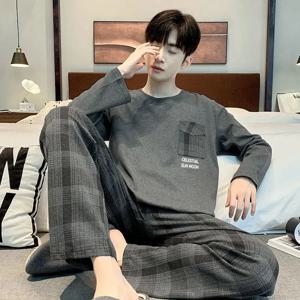 2 개/대 남성 잠옷 간단한 버튼 다운 탑과 바지의 긴팔 한국어 버전 Nightwear Homewear Plaid Sleepwear