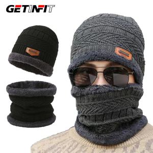 GETINFIT 1Pcs 겨울 벨벳 두꺼운 따뜻한 모직 모자 2 피스 방풍 감기 방지 스카프 통합 니트 모자 여자 남자