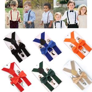Soild Color 어린이 벨트 Bowtie 세트 아기 소년 소녀 멜빵 클립 온 Y 백 교정기 나비 넥타이 탄성 어린이 조절 가능