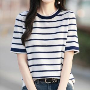 [브리치] 나바바 / NK2906 캐주얼 데일리 단가라 라운드넥 반팔 니트티