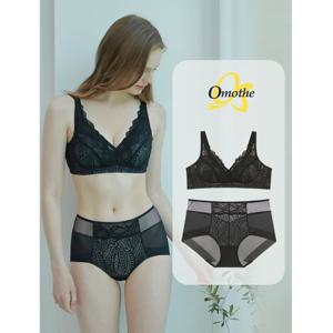 [오모떼] 프리미엄 수피마 코튼 풀커버 레이스 브라 팬티 2종 세트/블랙