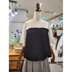스테파니 세이브존01 밑단 스트링 플리츠 배색 라운드 티셔츠 A25TS5232