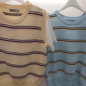Latium HC06 숏짧은 두줄스트라이프 조끼 레이어드 깔끔한 라운드 반팔 니트티 T2523sw08