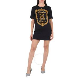모스키노 여성용 판타지 프린트 블랙 테디 자수 티셔츠 드레스 0438-5535-1555