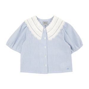 [빈]스카이 블루 스트라이프 반팔 카라 블라우스 BX28BL01SB