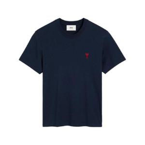 AMI Paris 로고 자수 골지 넥 티셔츠 E25BFUTS035724