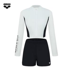 아레나 인스파이어 A4BG1GS81 WHT (주머니백 증정) 여아동 레저 크롭 집업래쉬가드 세트 수영복