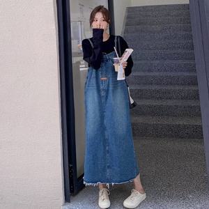 [무드무드] 헤딘 데미지 멜빵 데님 롱 원피스