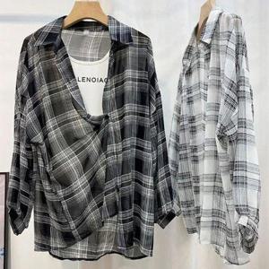 [캣츠원피스]비치 시스루 오버핏 체크 롱 남방셔츠 88까지