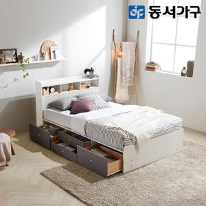 [최저가도전] 동서가구 루젠화이트 슈퍼싱글 SS 수납헤드 깊은서랍 침대+9존독립 매트리스 DF638729