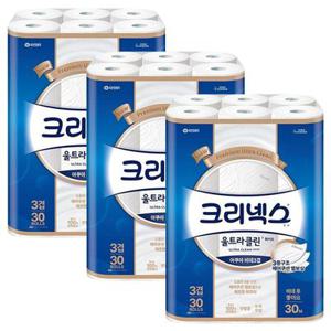 크리넥스 3겹 울트라클린 화이트 비데티슈 화장지 30m 30롤 x3개