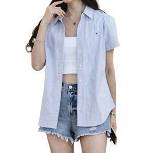 타미힐피거 여성 시그니처 로고자수 코튼 버튼다운 반팔 셔츠