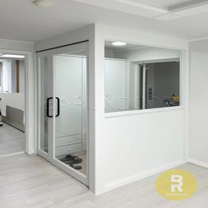 ㄱ자중문 파티션 비대칭양개스윙 화이트 투명강화유리