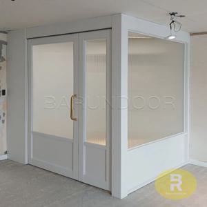 ㄱ자중문 파티션 비대칭양개스윙 고시형 유백화이트 모루세로강화유리