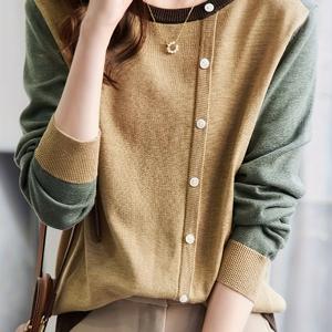 TEMU 여성용 캐주얼 스웨터 - 올리브 그린 & 베이지 컬러 블록 디자인, 라운드넥 풀오버, 단추 장식, 사계절 레이어링 필수 아이템, 편안한 데일리 웨어